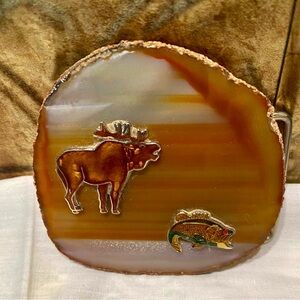 Vintage Agate Slice Belt Buckle Natural Rind Moose and Fish Rustic Western Style